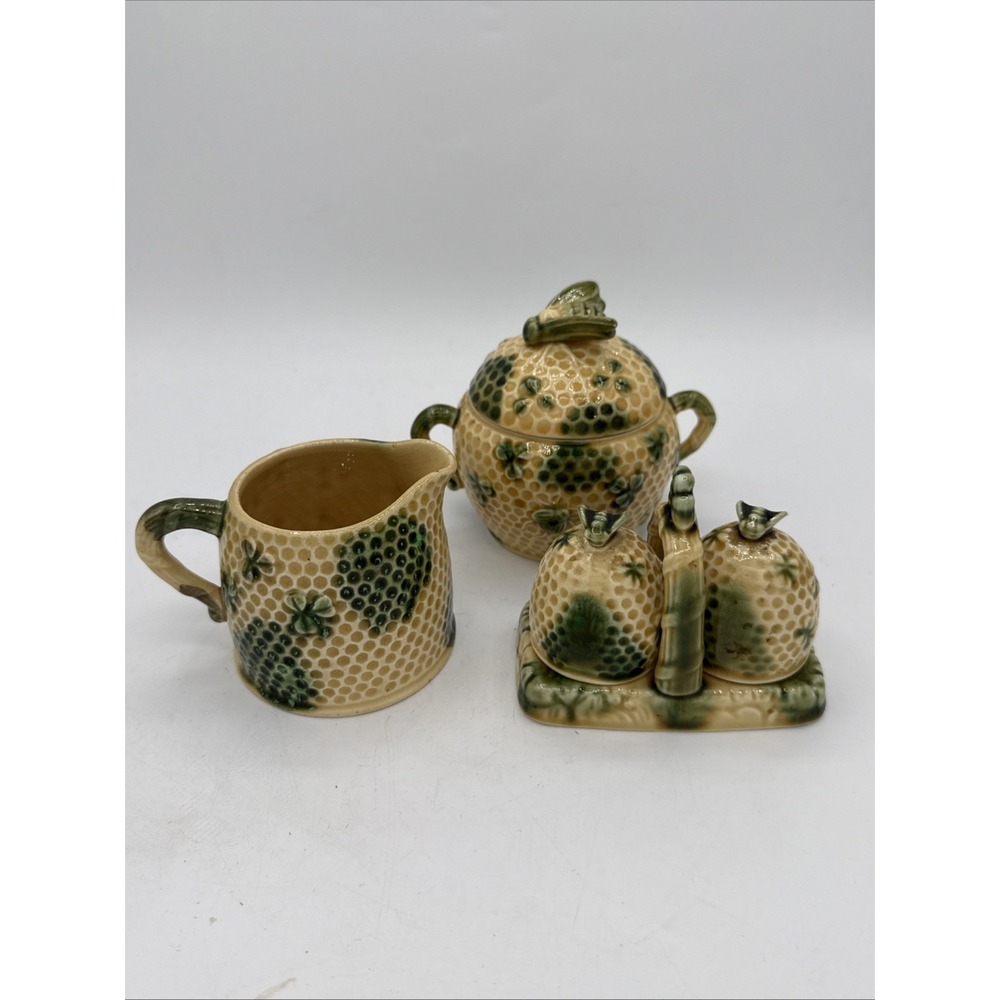 Vintage Brinns Majolica Beehive Honeycomb Clover Creamer Sugar Salt Pepper Set